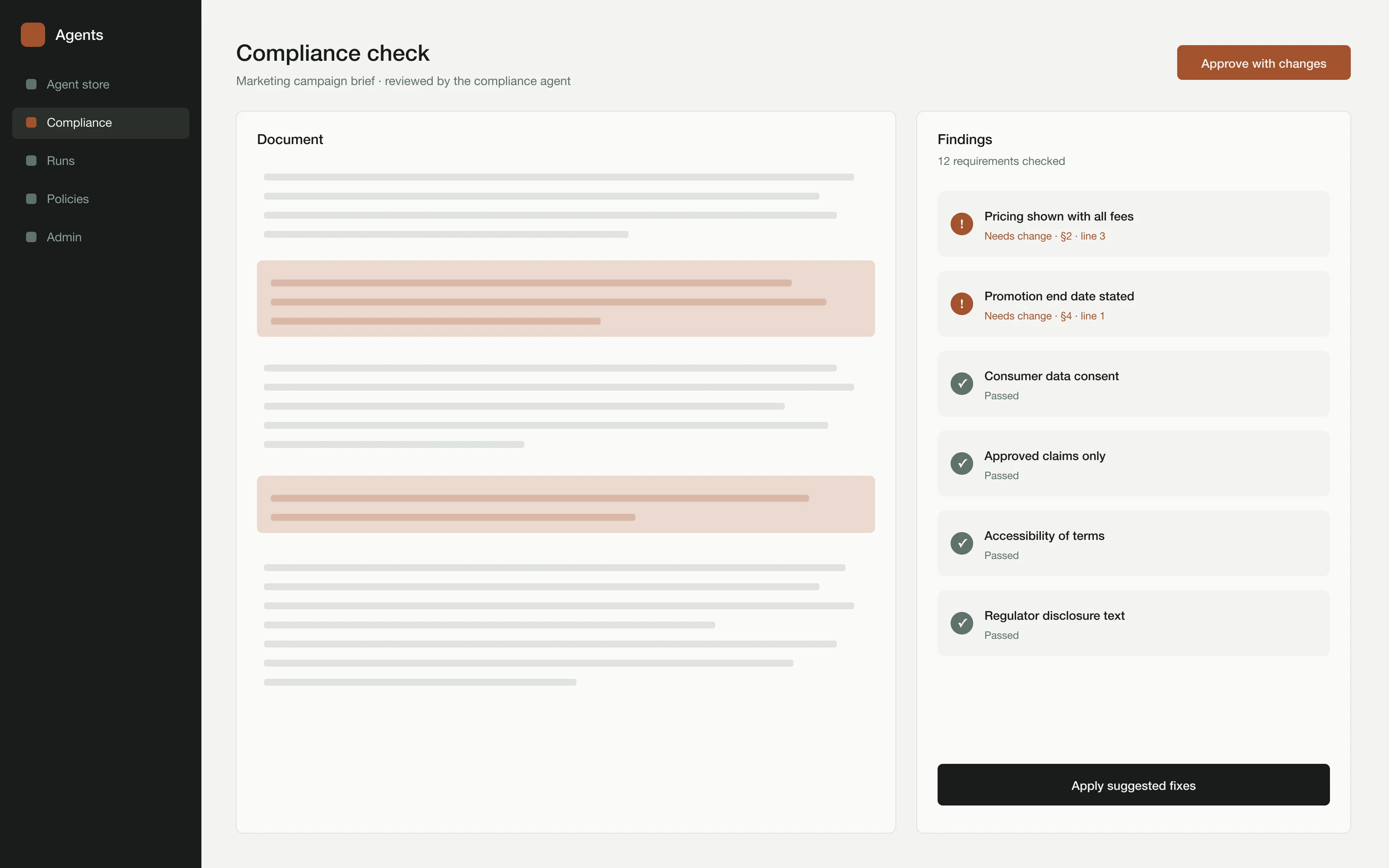 A document checked by the compliance agent, with findings to fix