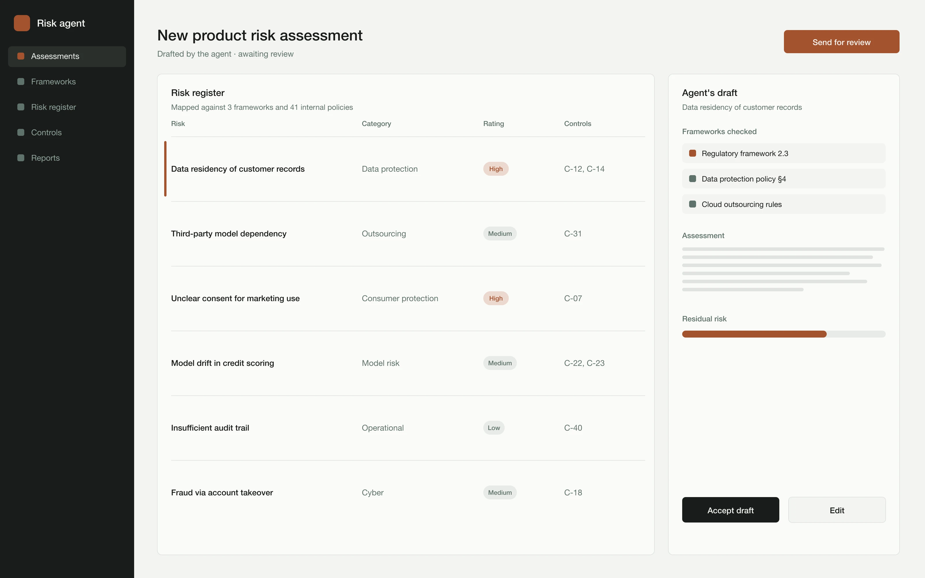 A risk register mapped to frameworks, with the agent's draft assessment